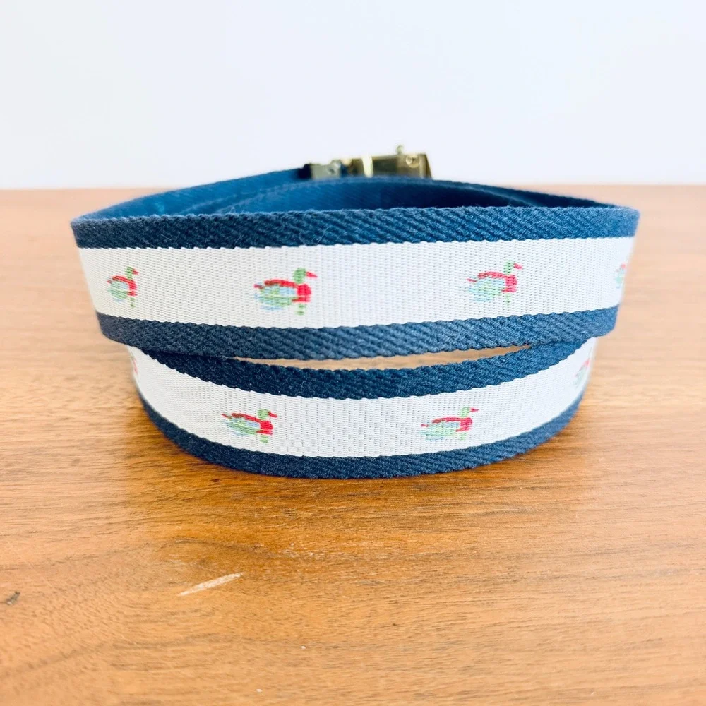 Vintage Mallard Duck Navy Blue Preppy Canvas Web Belt Brass Buckle Made in USA